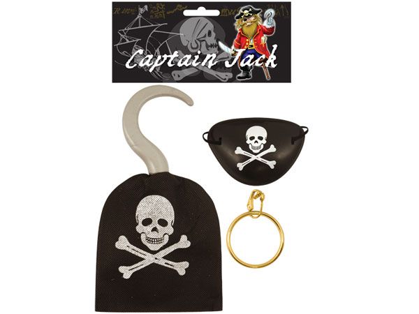 Captain Jack 3pce Pirate Set, Pirate Hook, Eye Patch , Earring