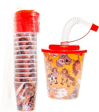 12x Farm Animals 3D Plastic Cup With Straw And Lid