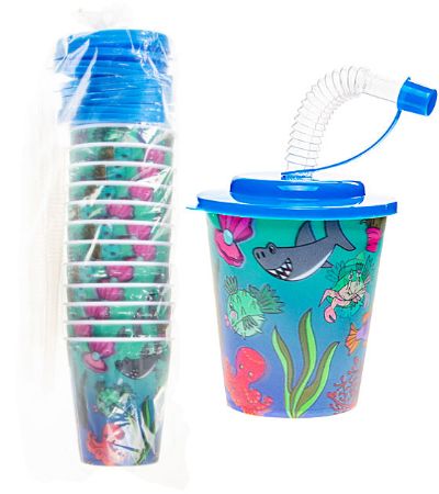 12x Sea Animals 3D Plastic Cup With Straw And Lid