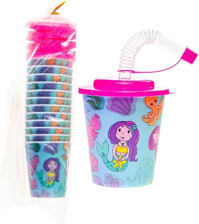 12x Mermaid 3D Plastic Cup With Straw And Lid | LG8176