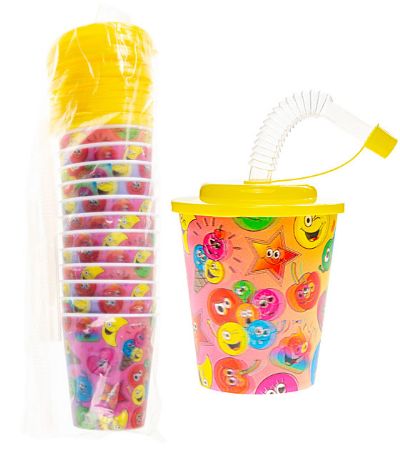 12x Emotion Faces 3D Plastic Cup With Straw And Lid | LG8177