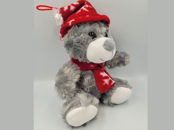 Christmas Grey Sitting Bear With Hat & Scarf