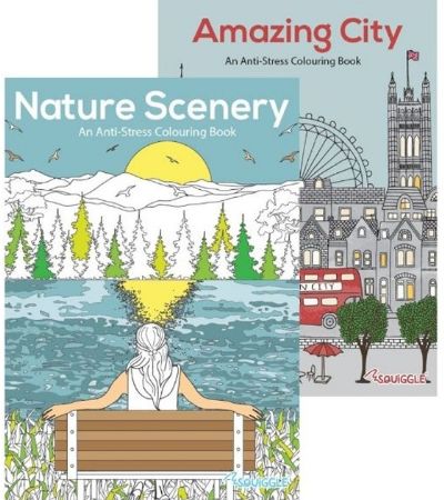 6x Squiggle Advanced Relaxing Colouring Book - Nature Scenery And Amazing Cities