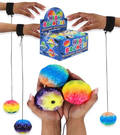 24x High Bouncers Rainbow Space Balls With Return Strap