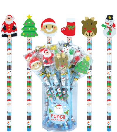 24x Eraser Topped Festive Christmas Pencil In Assorted Designs | W01304