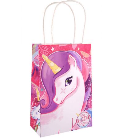 24x Unicorn Design Paper Party Bags, With Twist Handles