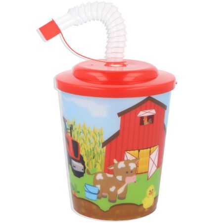 12x Farm Animals Plastic Cup With Straw And Lid