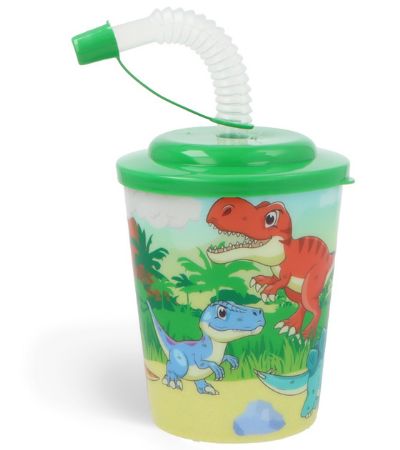 12x Dinosaur Plastic Cup With Straw And Lid