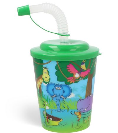 12x Jungle Animals Plastic Cup With Straw And Lid