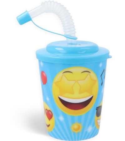 12x Smiley Face Plastic Cup With Straw And Lid