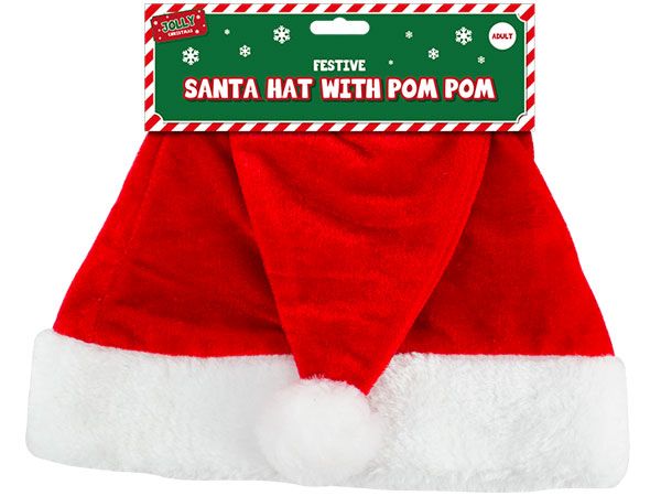 Adult Festive Red Santa Hat With Pom Pom