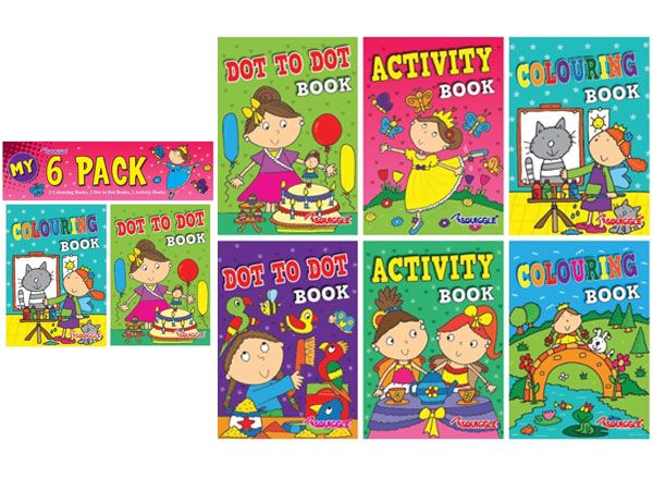 6x Squiggle 6pk A6 Colouring & Activity Books For Girls
